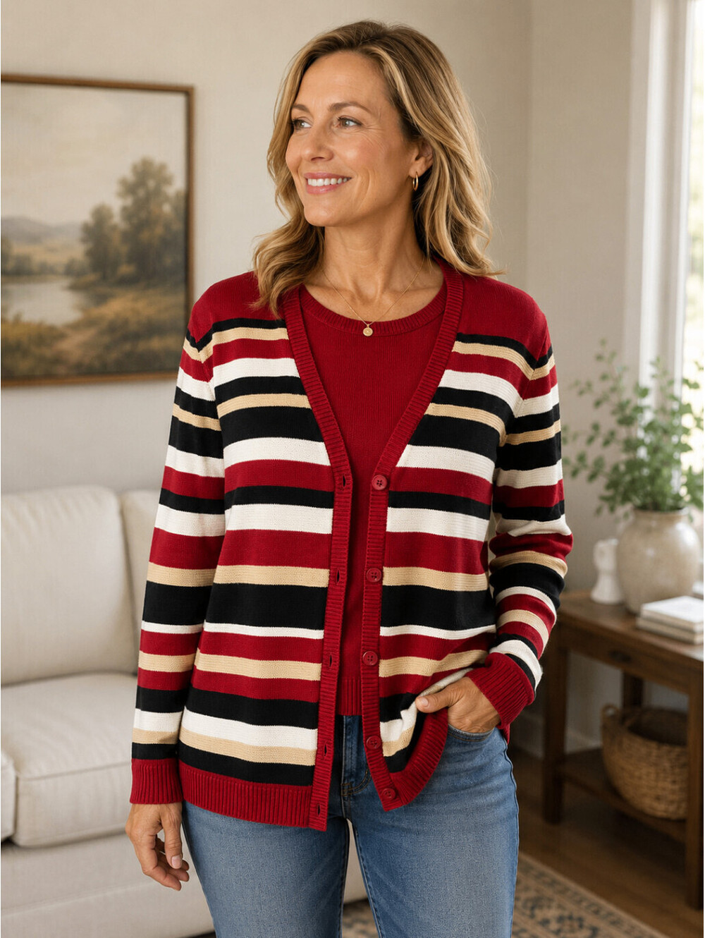 Alfred Dunner Womens Petite PL Striped Cardigan Sweater Red Built in Camisole
